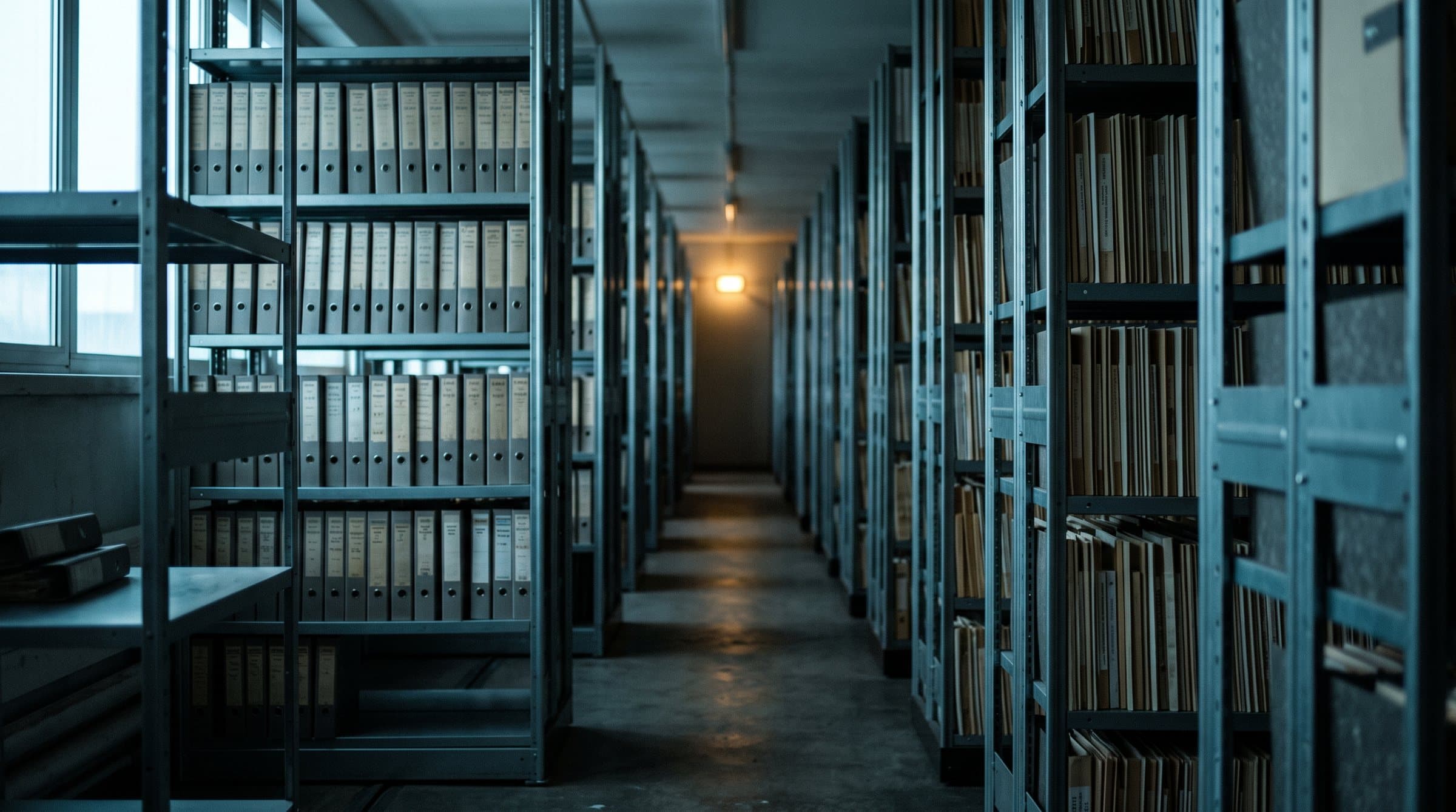 Archivraum mit Rollregalen und Aktenordnern im kühlen Streiflicht der blauen Stunde