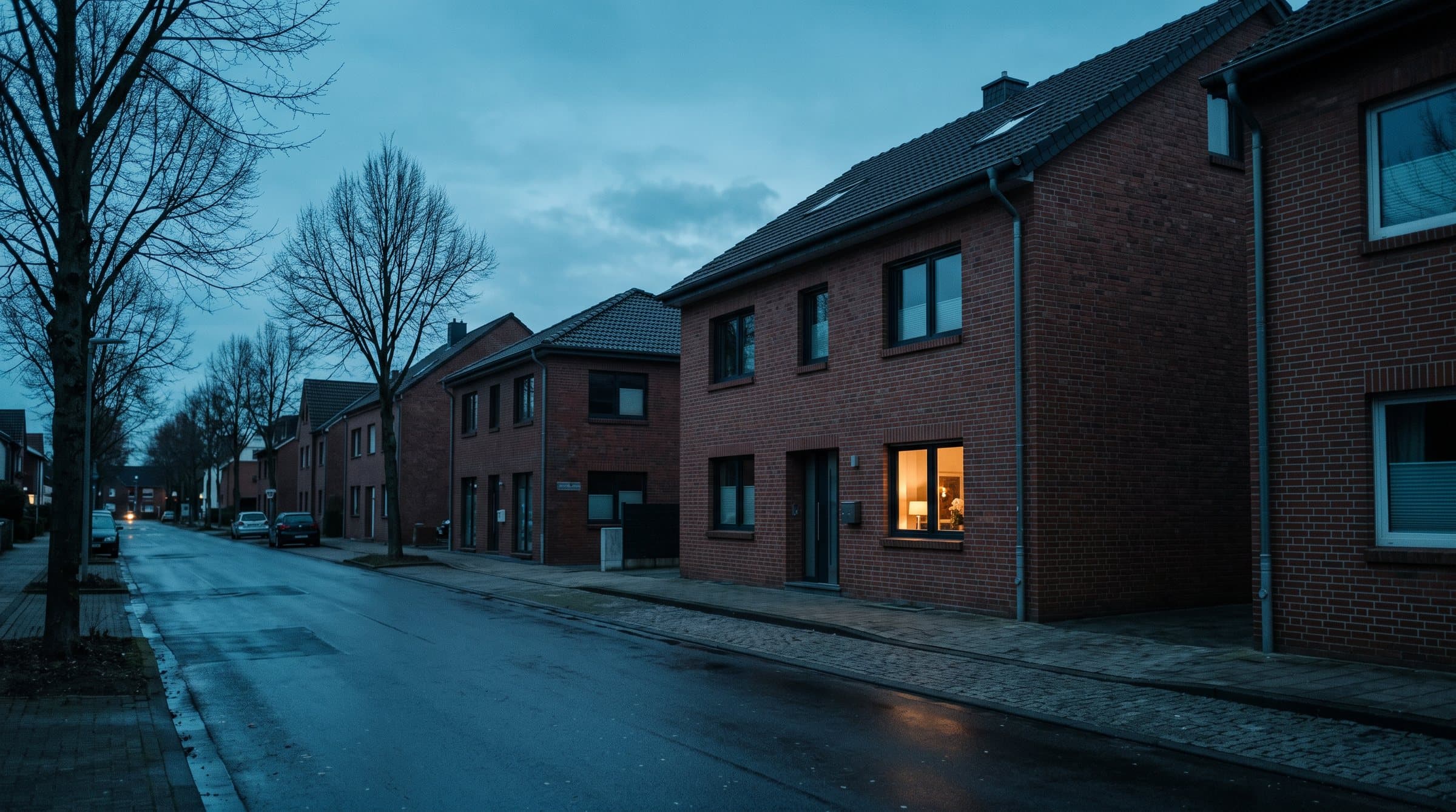 Ruhige Straße am Niederrhein zur blauen Stunde mit warm erleuchtetem Fenster