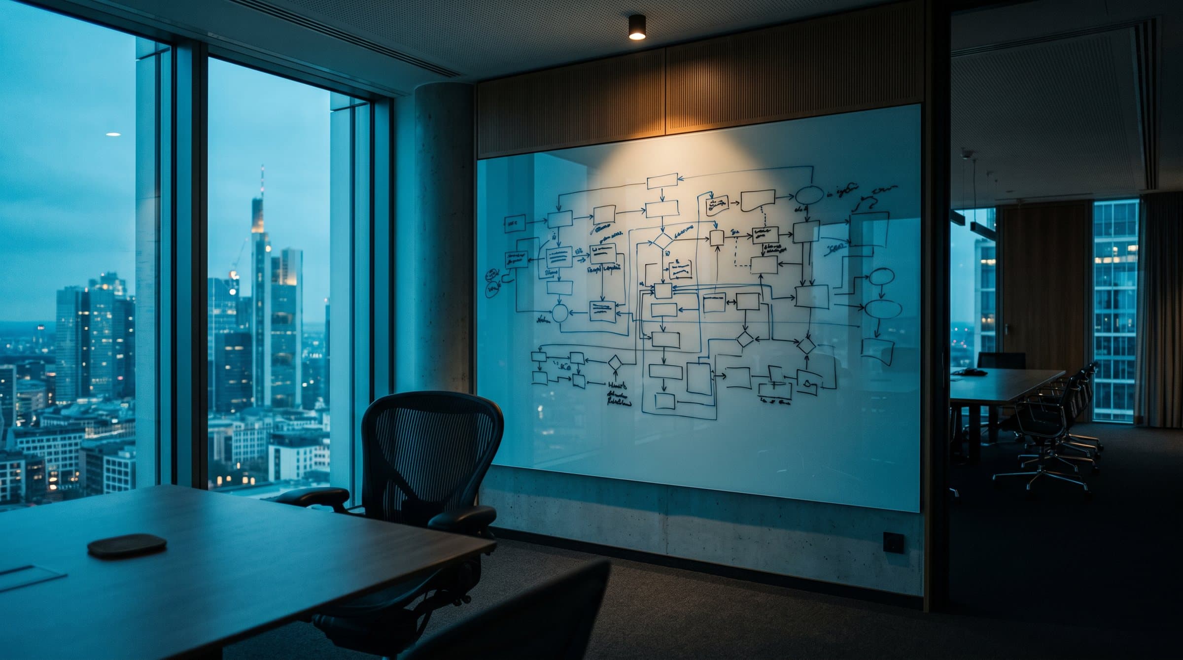 Besprechungsraum mit Prozessdiagramm auf einer Glaswand
