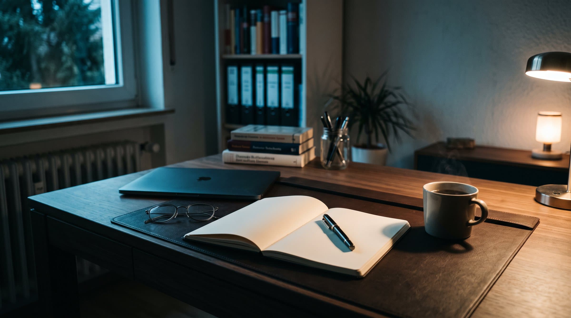 Arbeitsplatz mit Notizbuch, Füller und Lesebrille im Morgenlicht
