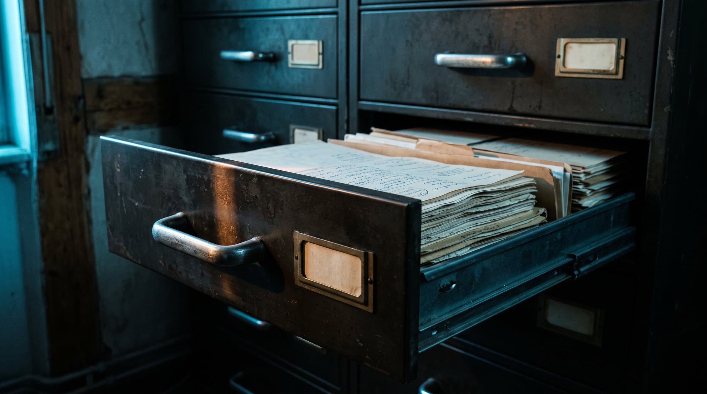 Geöffnete Archivschublade mit geordneten Dokumenten